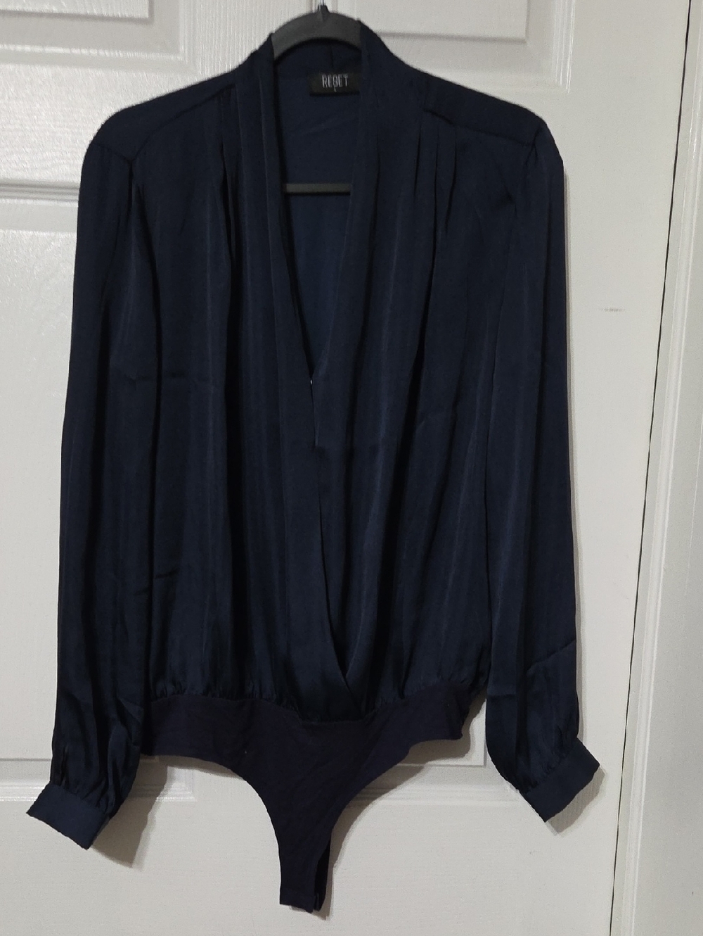 Polyester bodysuit, Reset, surplice wrap style with long sleeves